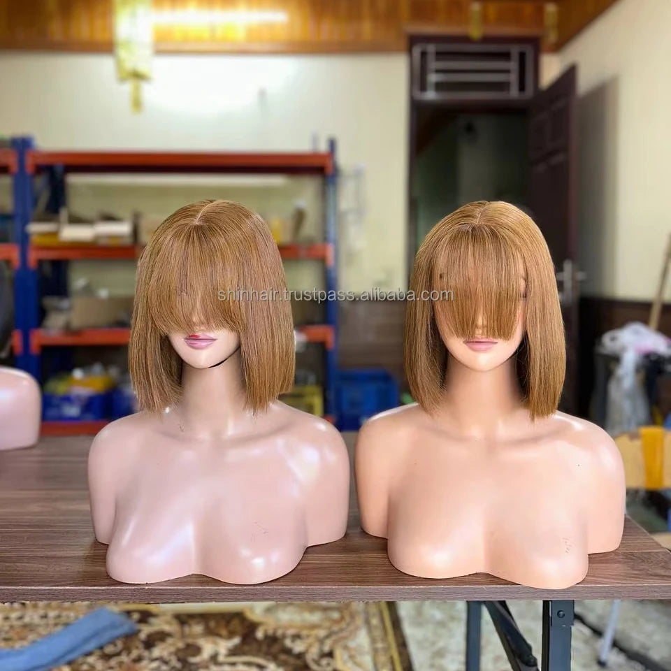 Wig Female Medium Dyed Brown Short Hair Wigs, Highlight Bob Wig With Bangs for Women, Natural Hair Wigs Bob