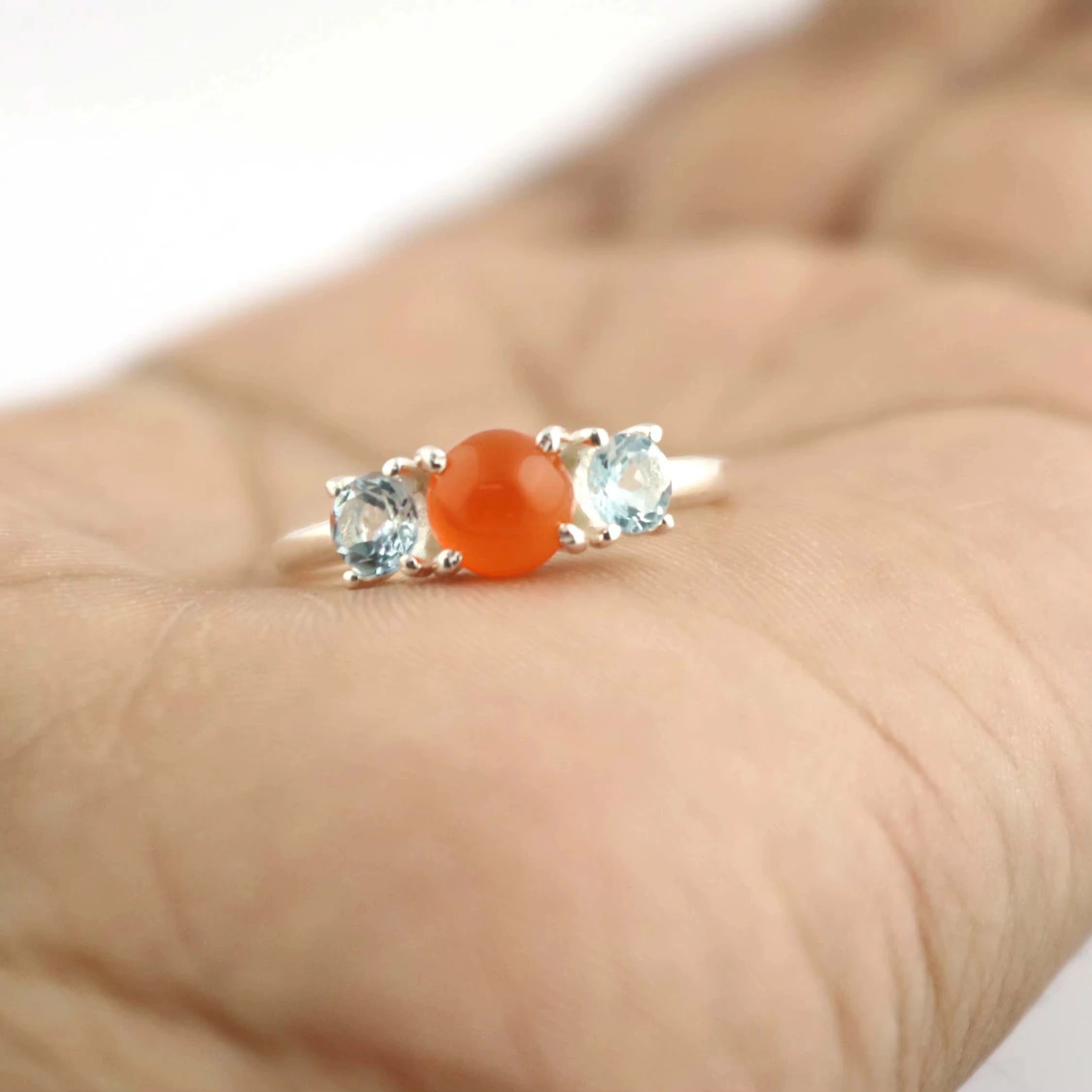 Blue Topaz 925 Sterling Silver with Carnelian Gemstone Prong Set Stackable Dainty Ring For Women