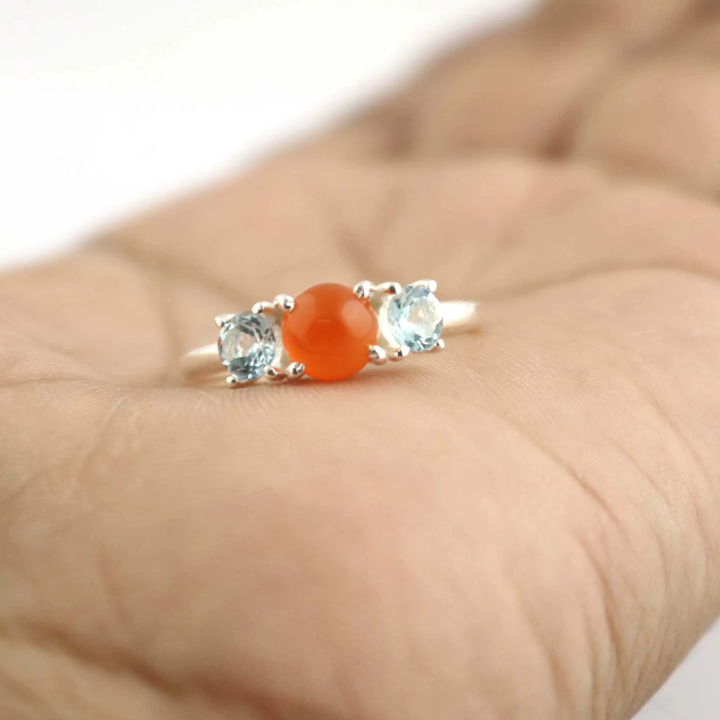 Blue Topaz 925 Sterling Silver with Carnelian Gemstone Prong Set Stackable Dainty Ring For Women