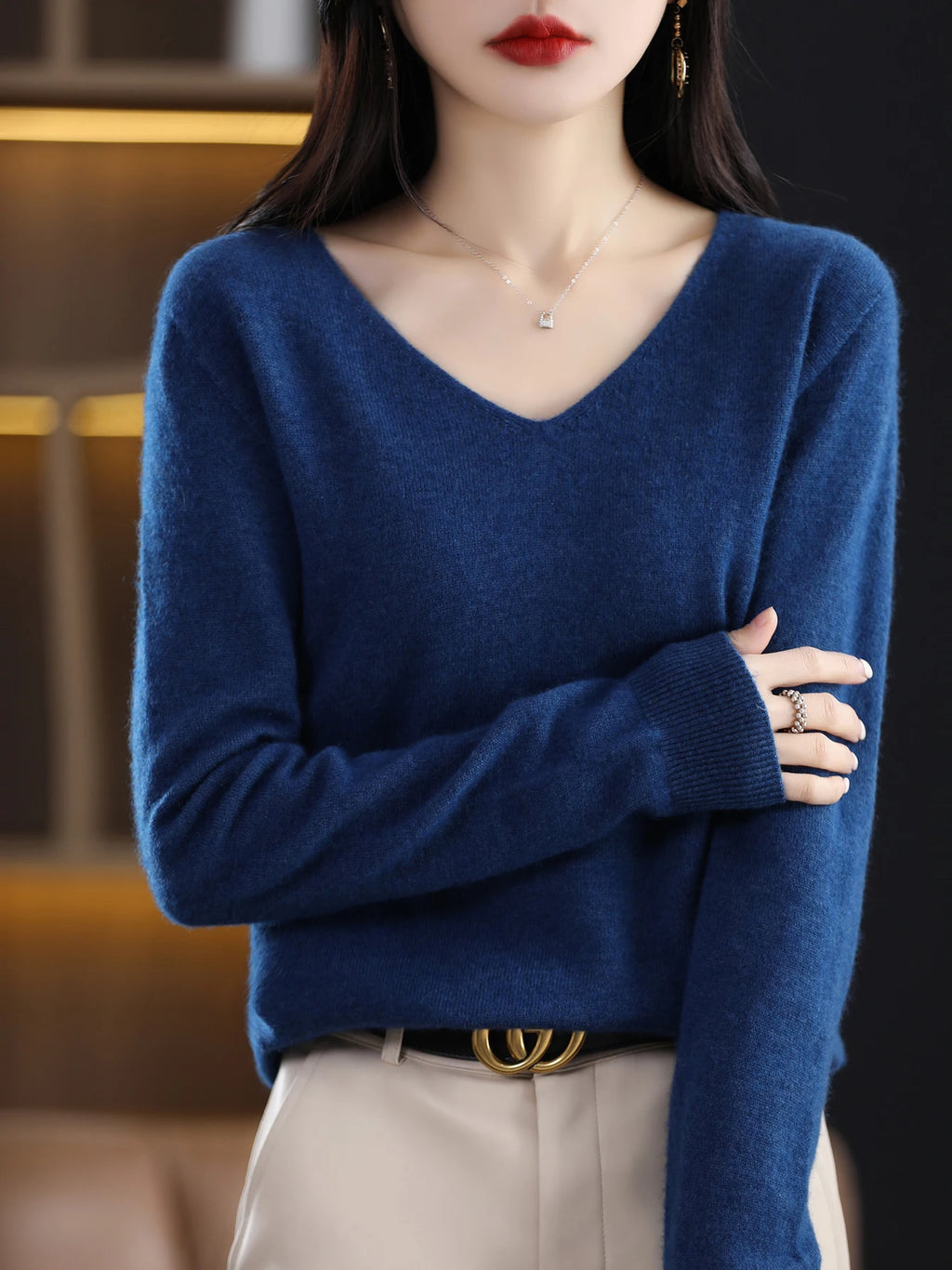 Sweater for Women 100% Merino Wool V Neck Sweater Fall Winter Basic Warm Pullovers Long Sleeve Soft Knit Jumpers Female Clothing