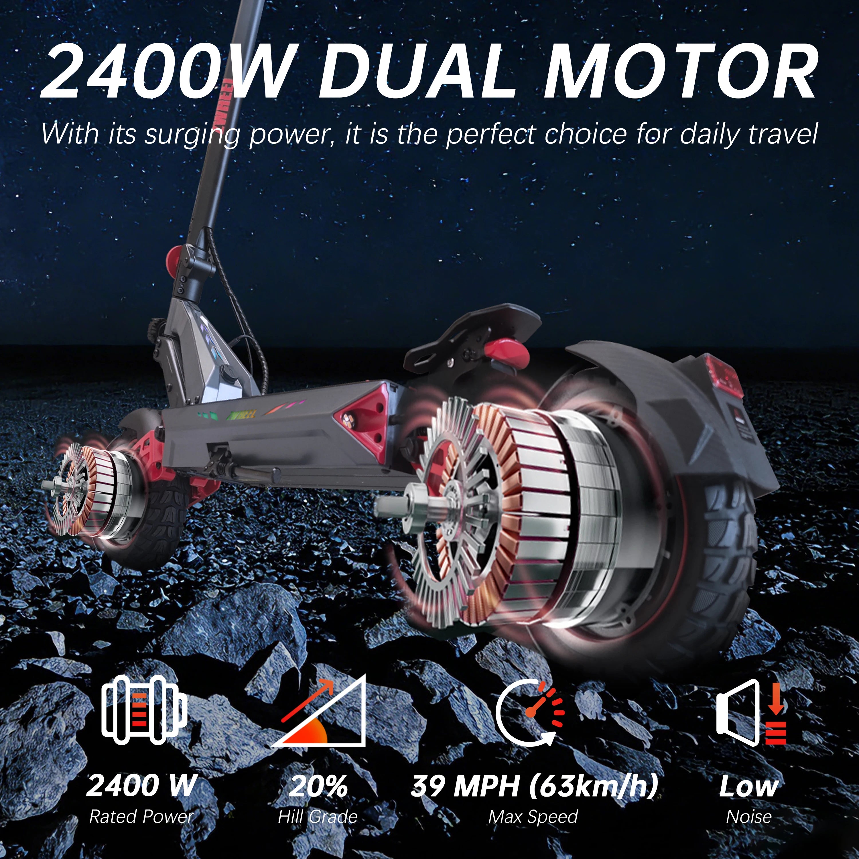 D3 Dual Motors Adult Electric Scooter 2400W Peak 39MPH Max Speed 48V20Ah Lithium Battery 50Miles Max Range 4 Riding Modes Smart APP Control Can Bluetooth Unlocking Dual Shock Absorption Oil Disc Brakes 10-inch Tubeless Tires