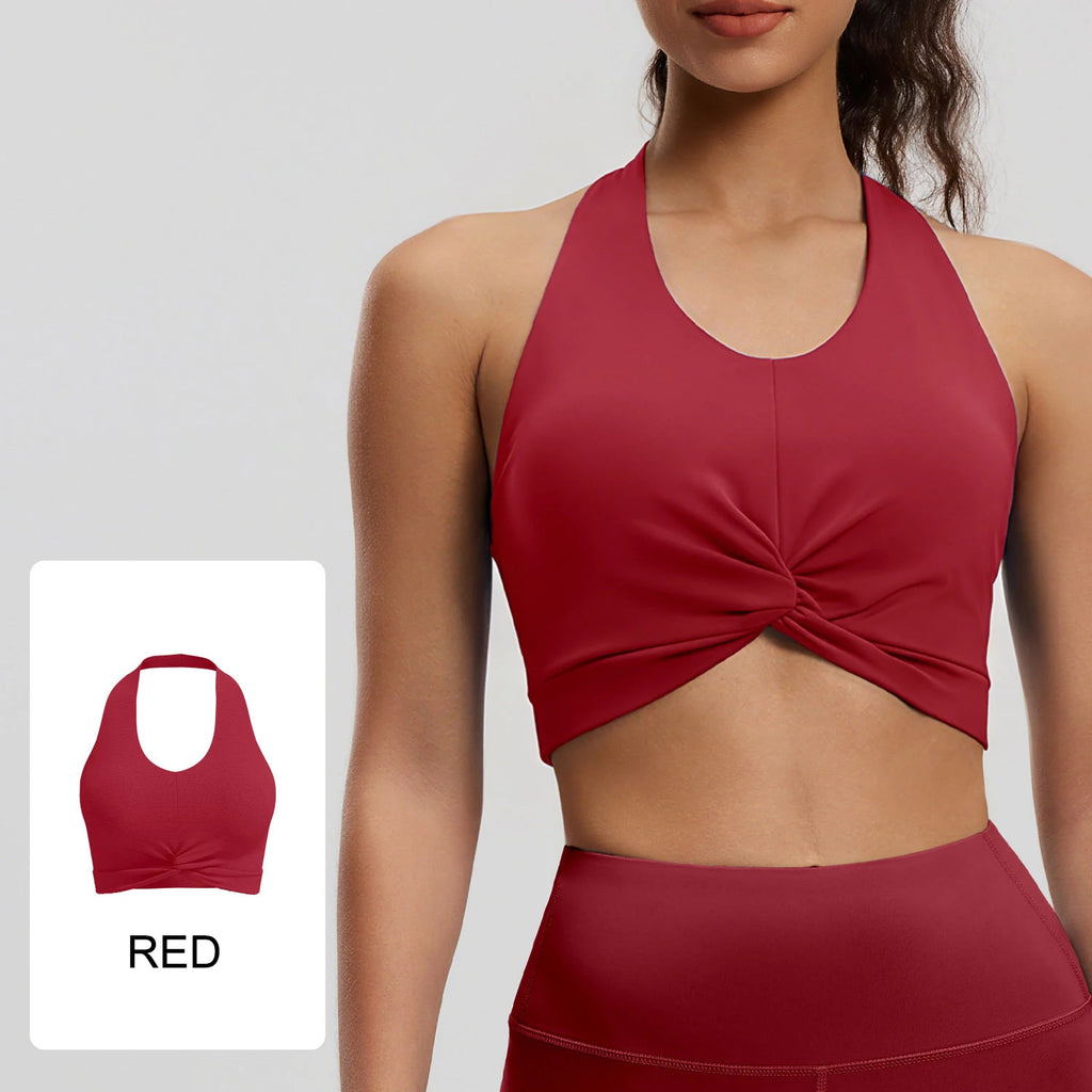 Twist Front Halter Sports Bra with Built-in Pads, Cropped Yoga Tank for Women, Breathable Fitness Workout Top