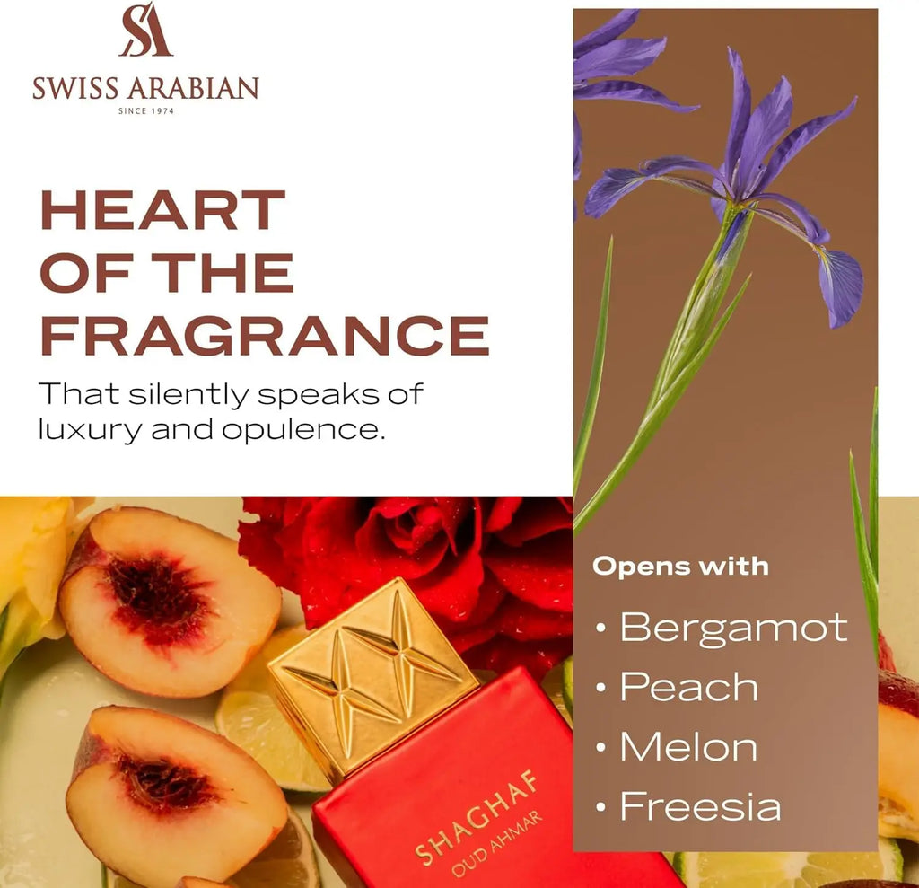 Swiss Arabian Shaghaf Oud Ahmar Eau De Parfum Spray for Unisex – Intense Oriental Oud, Saffron, Rose & Warm Amber Scent, Long-Lasting Addictive Fragrance, Perfect Gift, 2.5 Fl oz / 75 ml