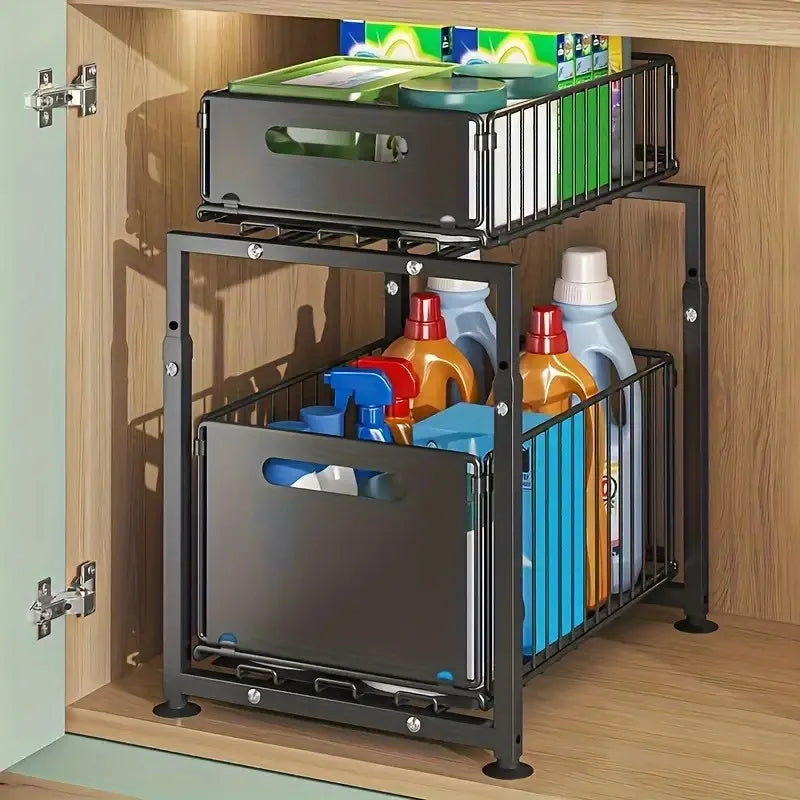 2 Tier Pull Out Cabinet Organizer Drawer Height Adjustable Kitchen Rack for Cabinet Under Sink Organizer Spice Jar Storage Shelf