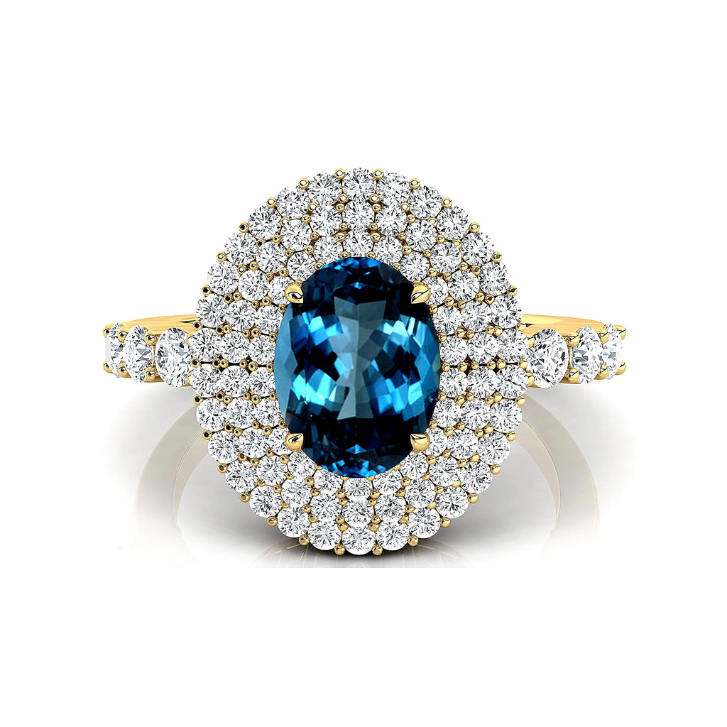 100% Natural London Blue Topaz Gemstone Halo Style Engagement Rings in 18kt Solid Gold Studded With Round Cut Diamonds Jewelry