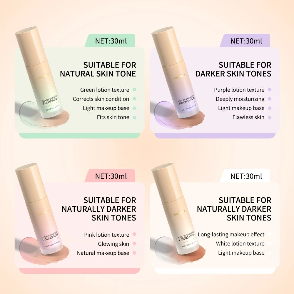 Color Changing Foundation Long-Lasting Makeup Effect Magic Foundation High Coverage Self-Coloring Cc Cream Cosmetics