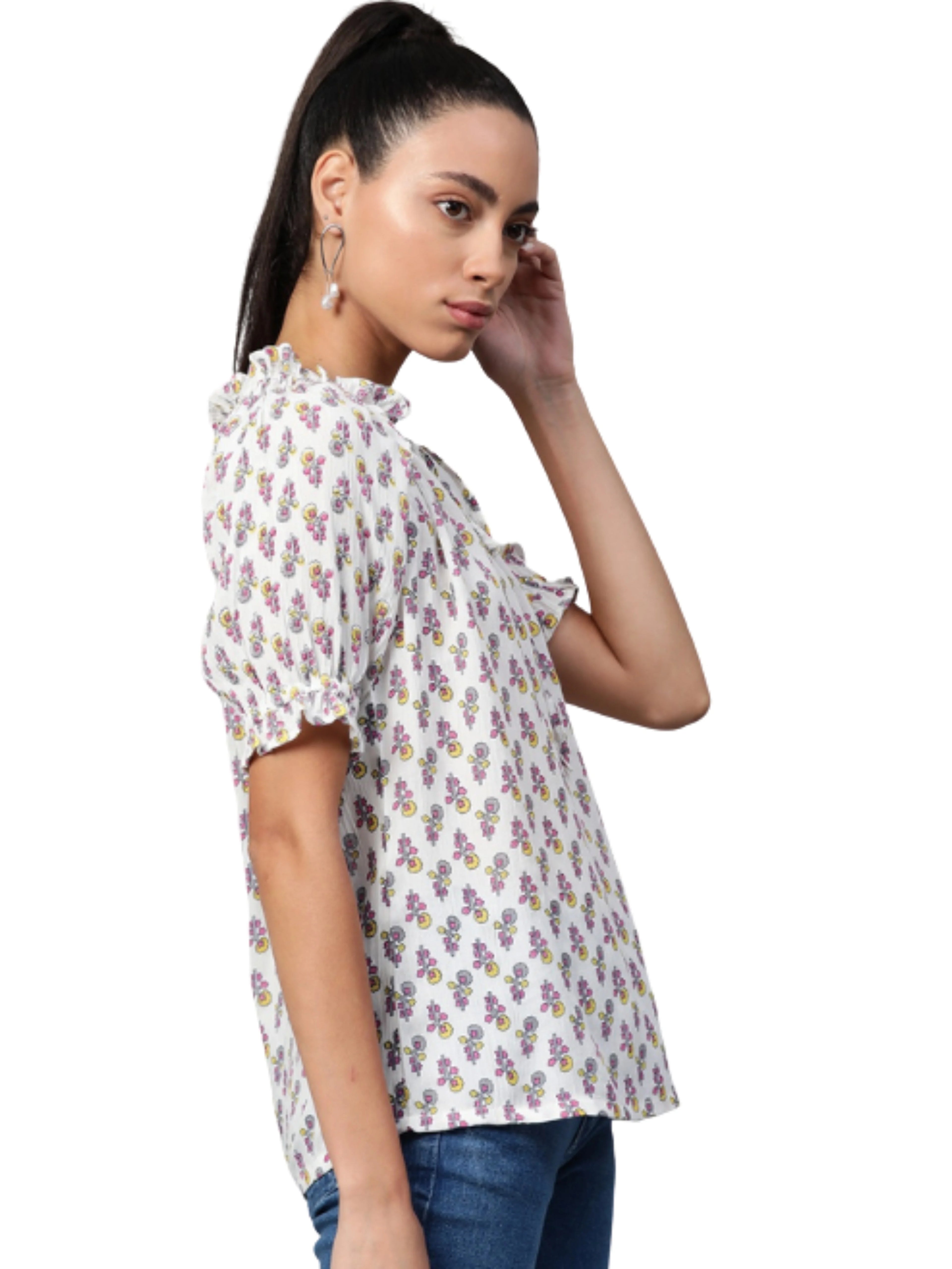 White Cotton Crepe Floral Printed Top Ruffle Frill Detail Short Sleeves Styled Simple Fit Soft Everyday Wear Look Eco-Friendly