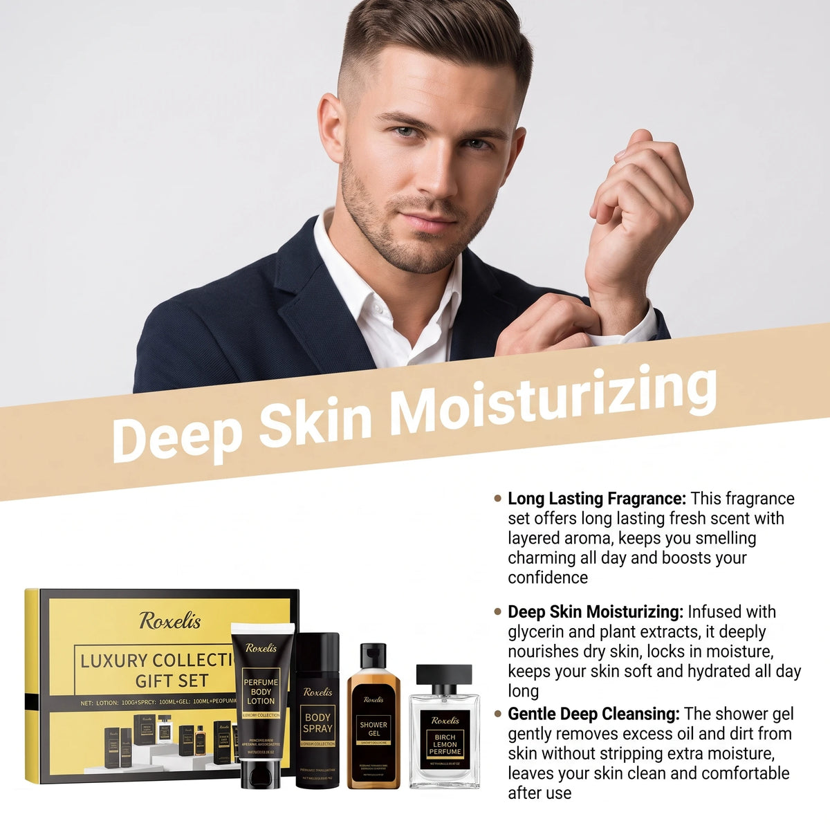 Roxelis Men's Fragrance Gift Box Deep Cleansing Moisturizing Long Lasting Fresh Charming Skincare Set Gentlemen Gift Collection