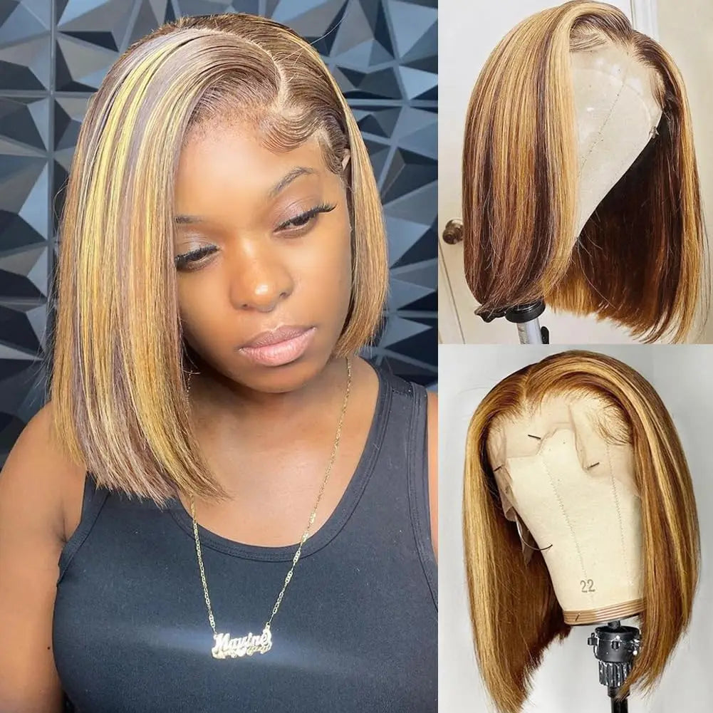 Bob Wig Human Hair 13x4 HD Lace Frontal Short Straight Lace Front Bob Wigs For Women Human Hair Pre Plucked Side Part 150% Density Ombre Highlight 4/27
