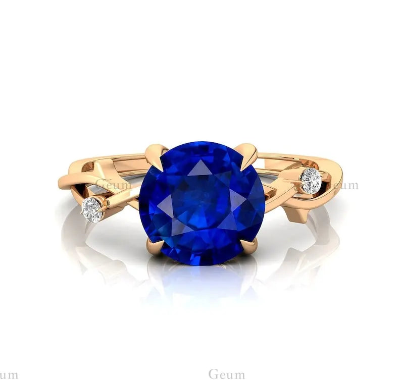 Lab Grown Round Cut Blue Sapphire & Diamond Twisted Band Ring Fine Jewelry 14K Solid Gold September Birthstone Solitaire Rings