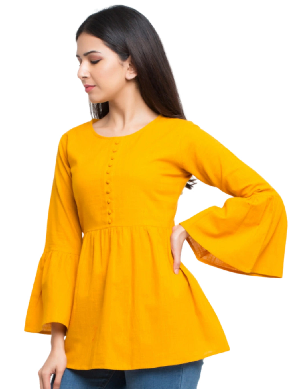 Women's best solid yellow pure cotton slub women's ready to wear bell sleeves and round neck top wholesale price latest design