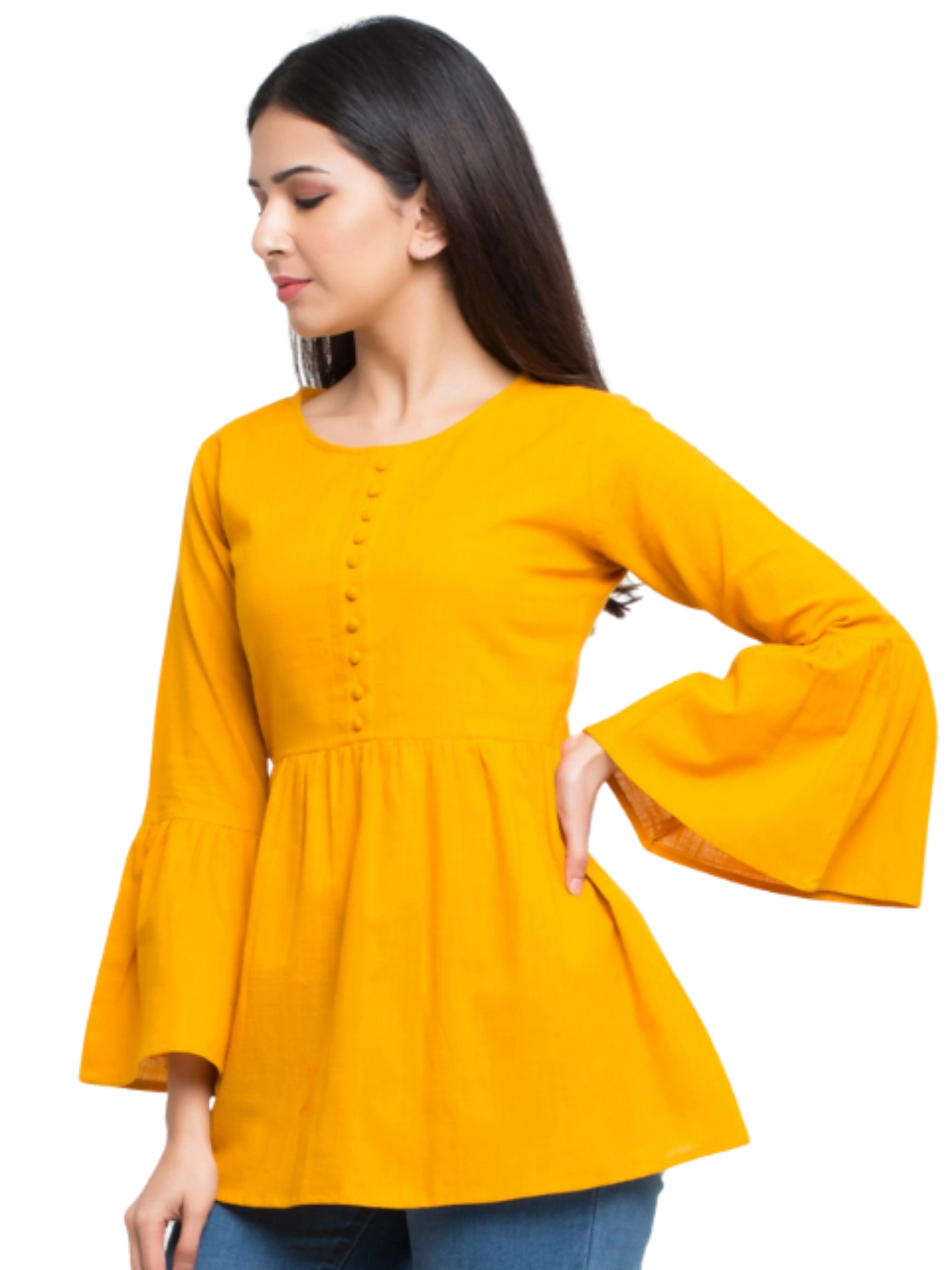Women's best solid yellow pure cotton slub women's ready to wear bell sleeves and round neck top wholesale price latest design
