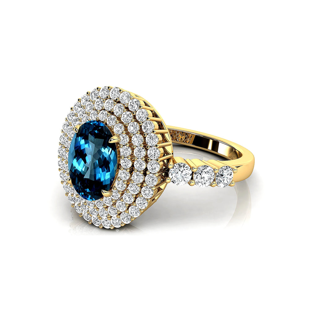 100% Natural London Blue Topaz Gemstone Halo Style Engagement Rings in 18kt Solid Gold Studded With Round Cut Diamonds Jewelry