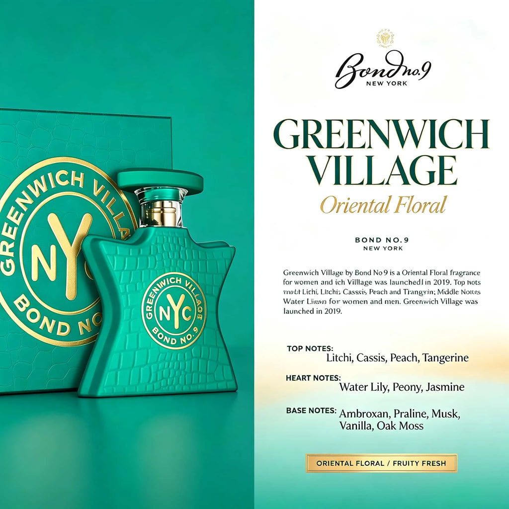 Bond No 9 Greenwich Village Fresh Flower and Fruit Gulong Perfume, 3.4 oz. 100 ml, Tropical Fruit Fragrance + Floral Opening Musk + Amber Middle Note Vanilla + Pink Feeling Warm Ending | Cheerful, Bright, Sweet and Not Greasy