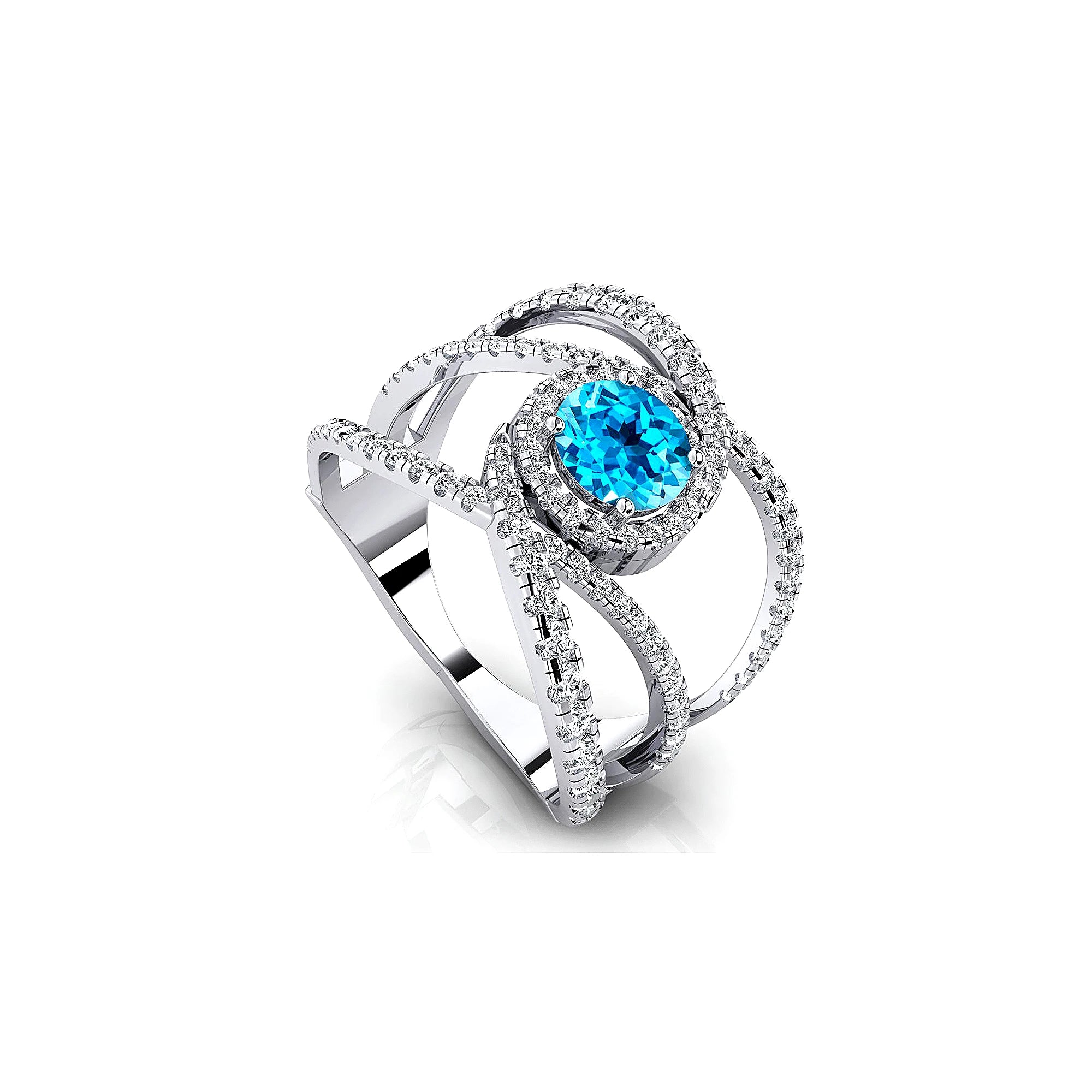 18k Solid Gold Rings Swiss Blue Topaz Gemstone Certified Diamonds Rhodium Plated Classic Party Gift Women's Engagement Halo Ring
