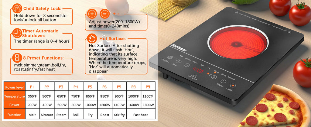 Karinear Portable Electric Cooktop, Electric Stove Single Burner Ceramic Cooktop with Touch Control, Child Safety Lock, Timer, Residual Heat Indicator, Overheat Protection, 1800W 110V Infrared Burner | Ceramic Cooktop, Sensor