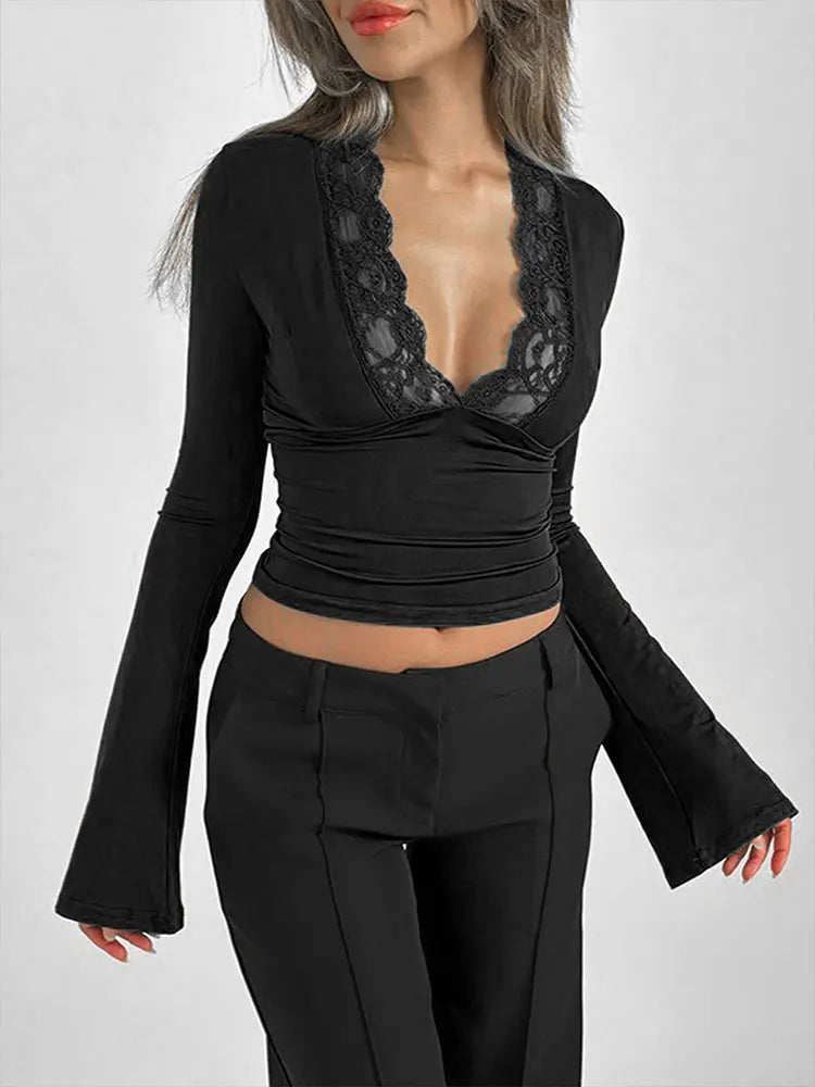 Solid Sexy V-Neck Women's T-shirt Spring New Streetwear Fashion Long Sleeves Tees Casual Slim Elegant Female's T-shirt Clothing