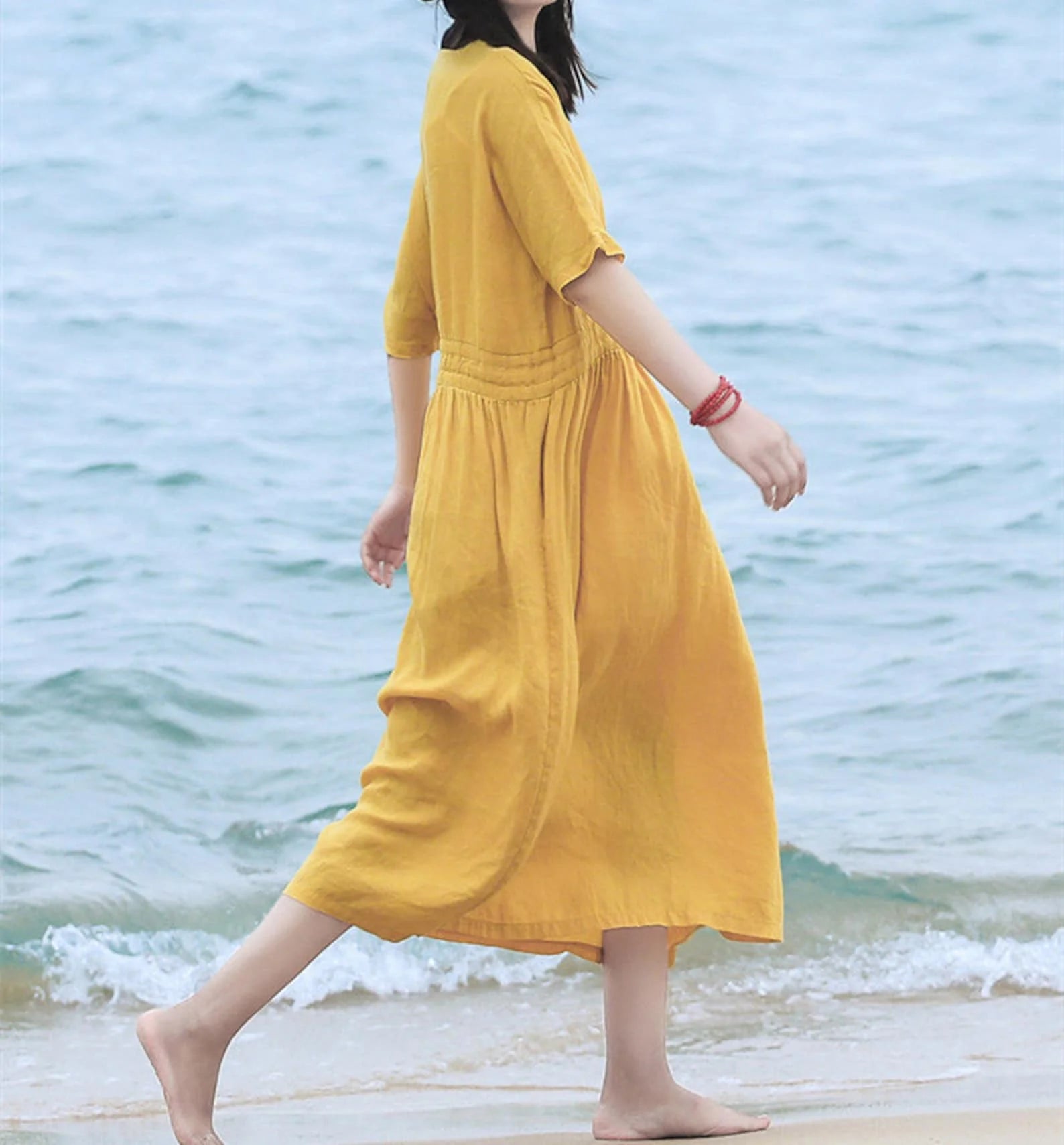 Wholesale New Arrivals Women's Casual Cotton Short Sleeve Maxi Linen Dress Pocket Customizable Solid Plain Dyed Natural