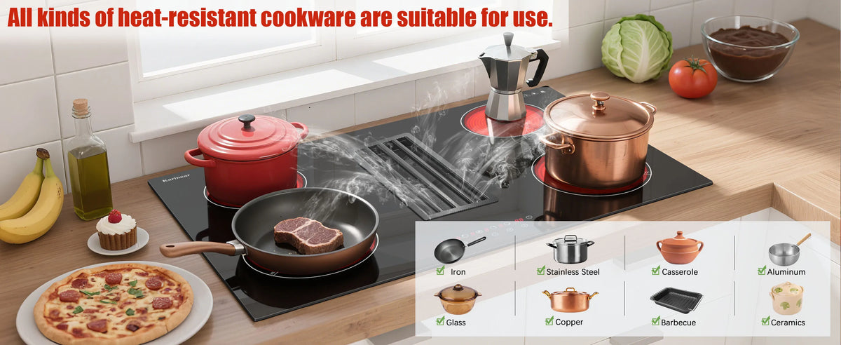 Karinear 2 Burners Electric Cooktop, 120v Plug in Ceramic Cooktop, 12 Inch Countertop & Built-in Electric Stove Top with Child Safety Lock, Timer, Over-Temperature Protection, Sensor Touch Control