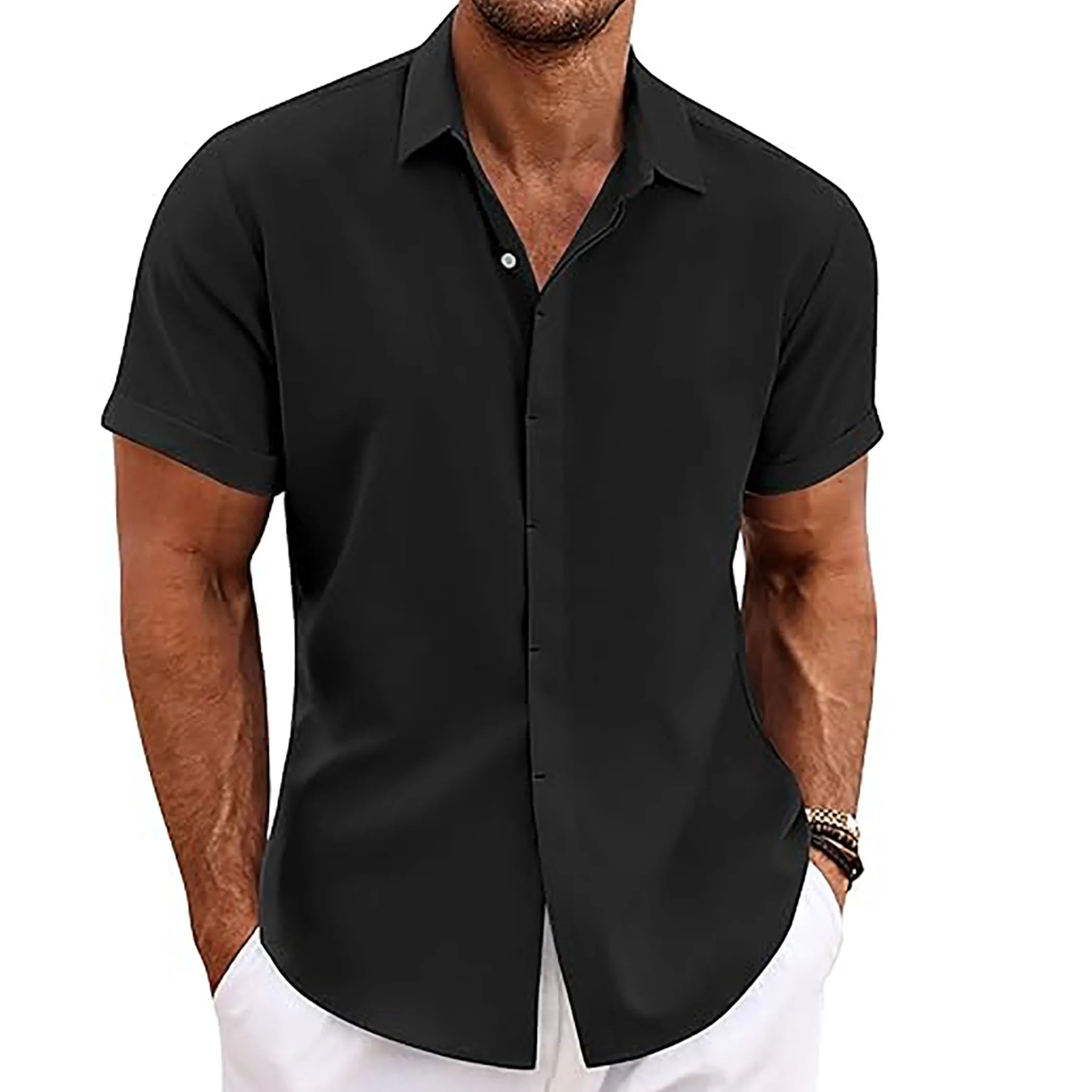 MenLinen Shirt Short Sleeve Button Down Casual Summer Beach Wedding Shirt Loose Fit Cotton Linen Solid Color Tops