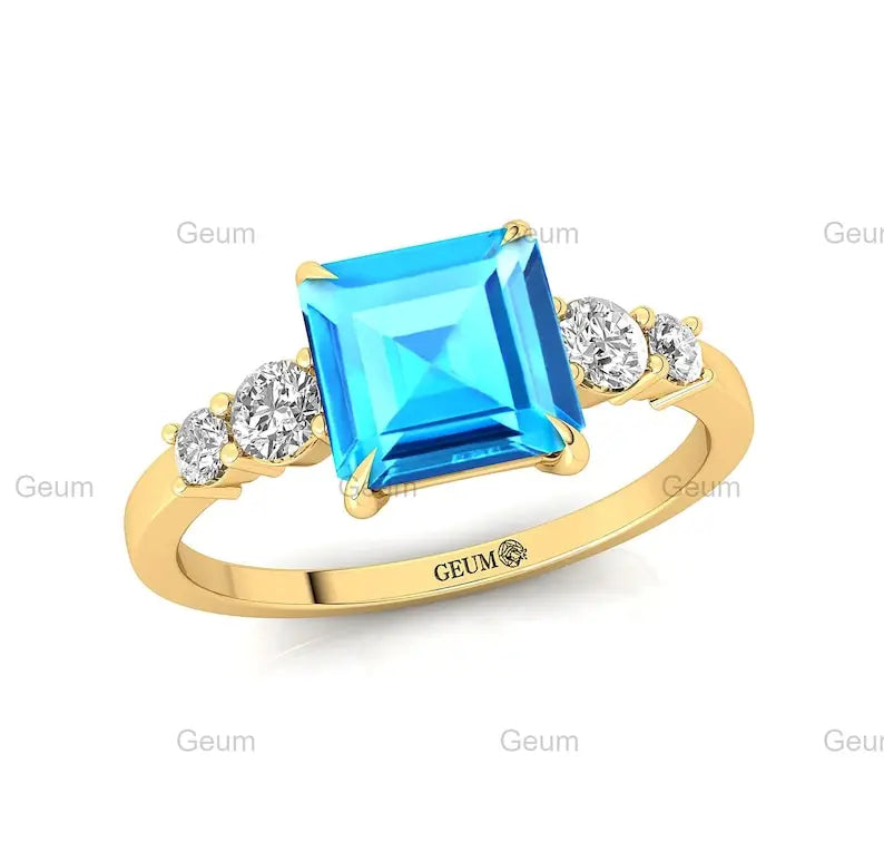 Newest Popular Precious Natural Swiss Blue Topaz & Diamond Engagement Rings in 14K Solid / Rose / Yellow / White Gold OEM & ODM