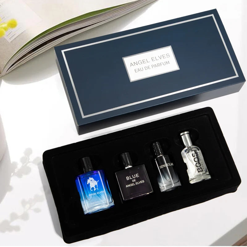 ANGEL ELVES 4Pcs Men Perfume Set Blue De Long Lasting Woody Ocean Scent Eau De Parfum Male Fragrance Gift Box For Daily Dating