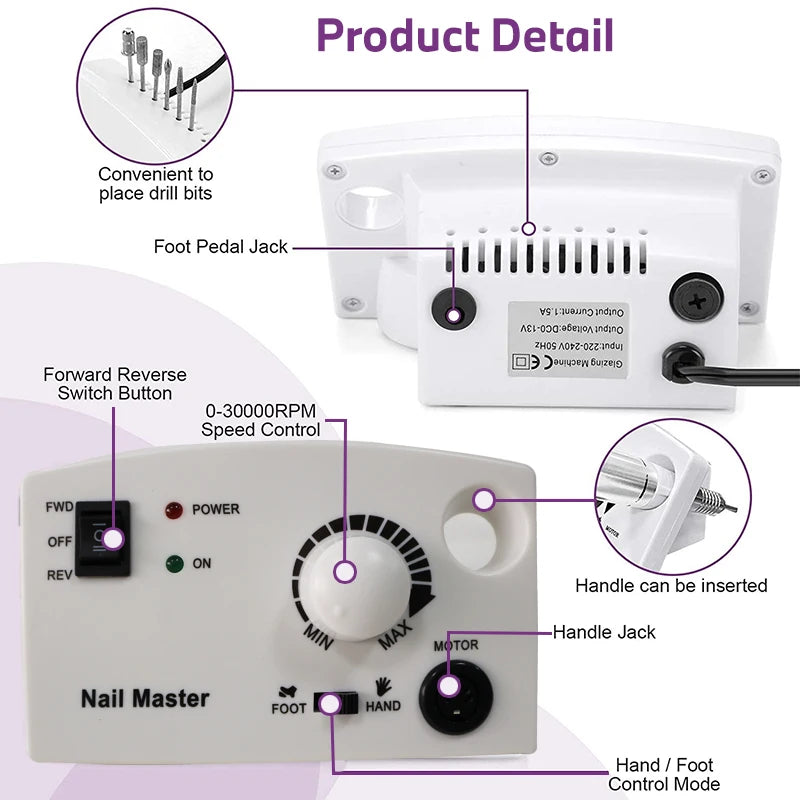 20W 35000RPM Electric Nail Drill Machine Electric Manicure Machine Drills Accessory Pedicure Kit Ceramic Nail Drill Bit Tools