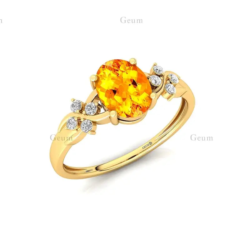 Heirloom Quality 14K Solid Gold Unique Oval Shape Natural Citrine Gemstone & Real IGI Certified White Diamonds Fine Bridal Rings