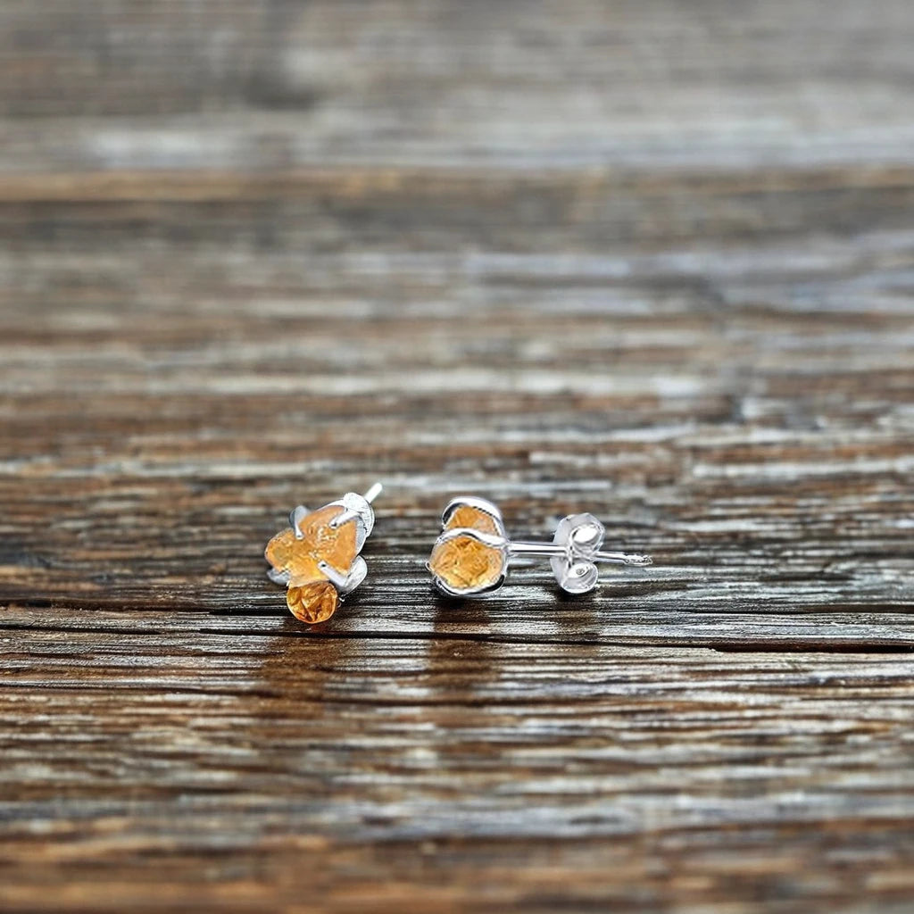 5-7mm Raw Citrine Stone Rose Gold Plated Prong Set Stud Earring Handmade Dainty Minimalist November Birthstone Jewelry for Women
