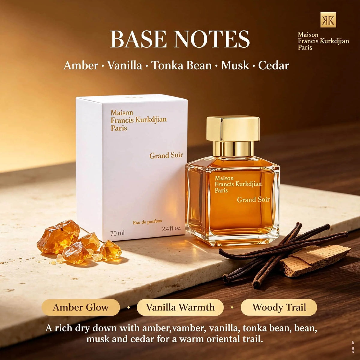 Maison Francis Kurkdjian Grand Soir Eau de Parfum 2.37a oz 70ml, amber vanilla notes last for 8-10 hours warm, deep, sweet and smooth | Top luxury choice for formal dinners/autumn/winter daily/business and social occasions