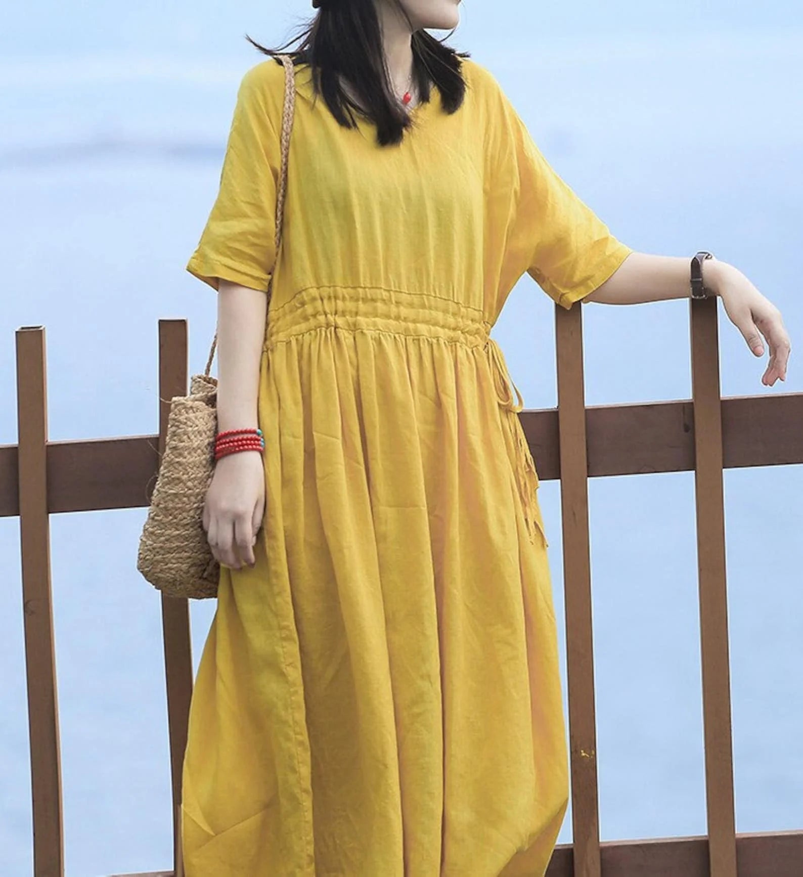 Wholesale New Arrivals Women's Casual Cotton Short Sleeve Maxi Linen Dress Pocket Customizable Solid Plain Dyed Natural