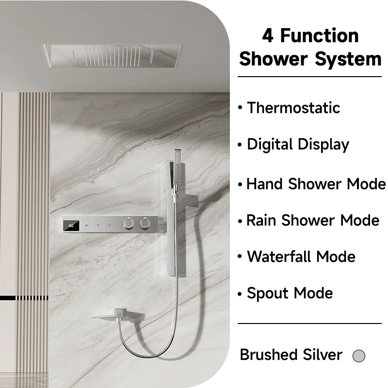 630×330mm Ceiling Thermostatic Shower System Concealed Brass Rainfall Waterfall 4 Function Digital Display Anti-Scald Bathroom S