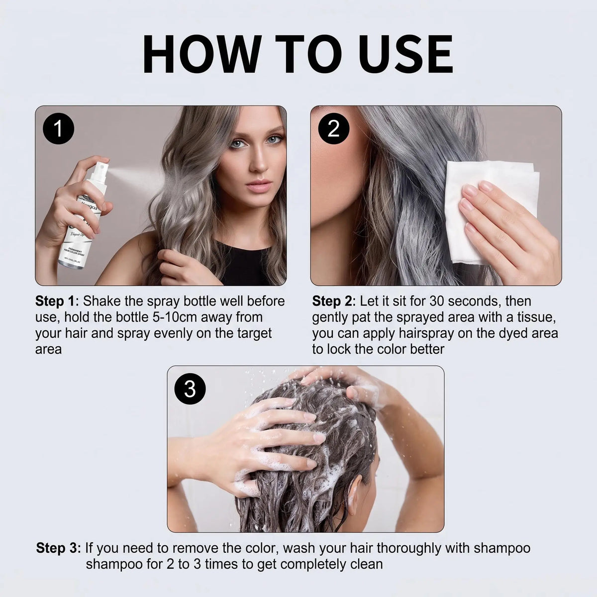 Hoegoa Permanent Silver Gray Hair Color Spray Vitamin E Coconut Oil Nourishing Roots Gray Coverage Even Tone No Wash Off Quick Dry Spray