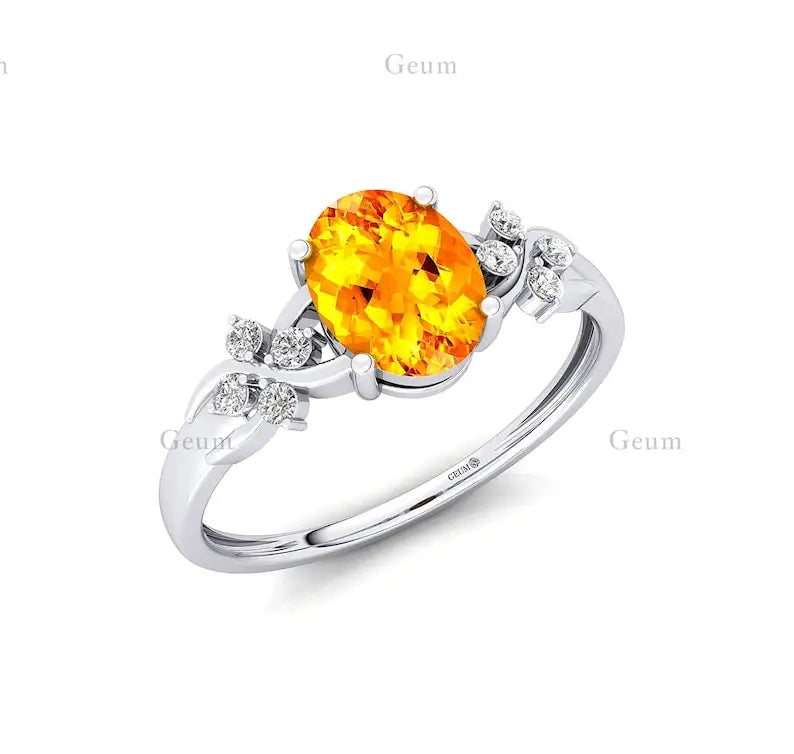Heirloom Quality 14K Solid Gold Unique Oval Shape Natural Citrine Gemstone & Real IGI Certified White Diamonds Fine Bridal Rings