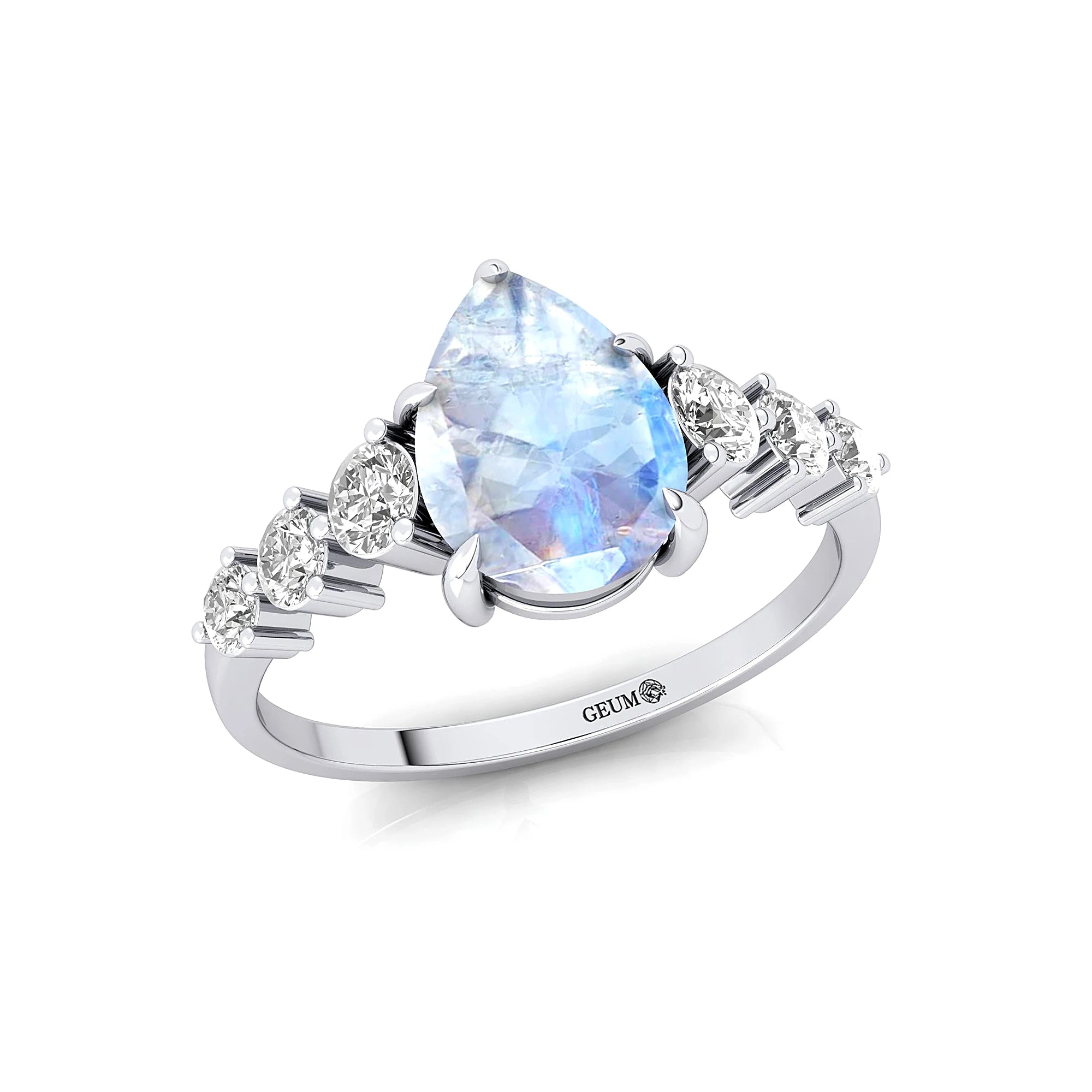 Fabulous Pear Shape Natural Rainbow Moonstone Gemstone Bridal Cluster Rings in 18k Solid Gold with Round Cut Real Diamonds Ring