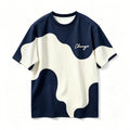 Men Chicago Letter Patchwork T-shirt Wavy Color Block Striped Short Sleeve Crew Neck Casual Streetwear Tops
