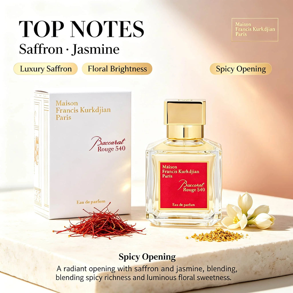Maison Francis Kurkdjian Baccarat Rouge 540 Eau De Parfum 2.37 oz 70 ml |   Amber Wood Floral Notes Last for 8-10 Hours, Saffron Jasmine Warm and Deep. |   Important Dinners/Romantic Dates/Business Social Gatherings Modern Lu