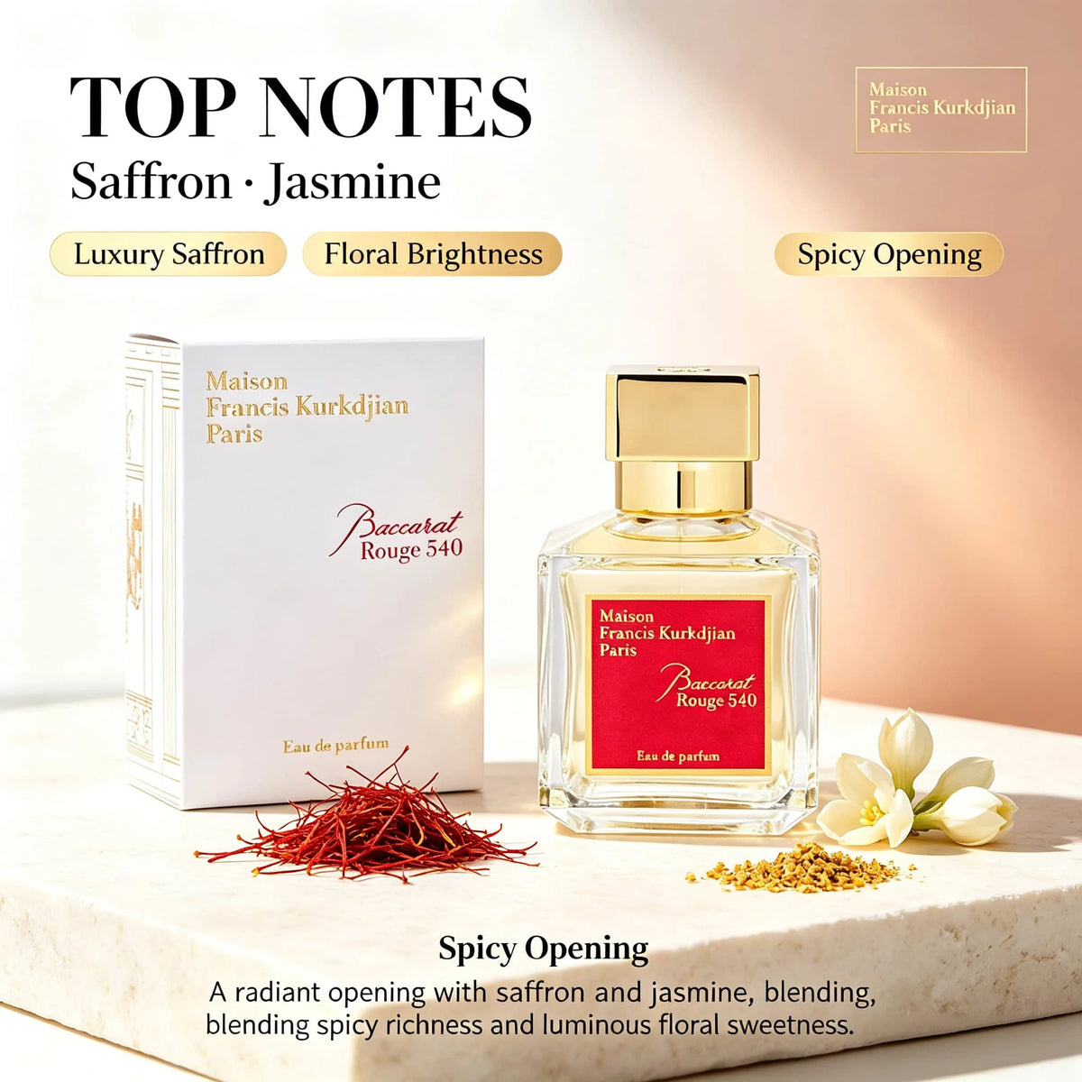 Maison Francis Kurkdjian Baccarat Rouge 540 Eau De Parfum 2.37 oz 70 ml |   Amber Wood Floral Notes Last for 8-10 Hours, Saffron Jasmine Warm and Deep. |   Important Dinners/Romantic Dates/Business Social Gatherings Modern Lu