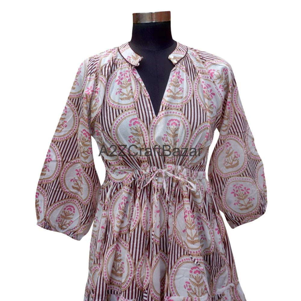 Women's Handmade Loose Casual Daily Breathable Dry Cleaning Vintage Midi Dress Block Printed Floral Pattern 3/4 Cotton Natural