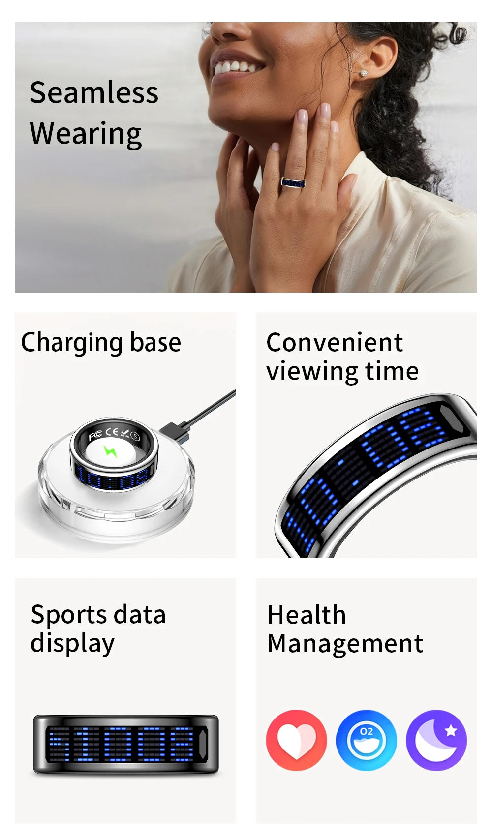 2026 New SR08 Smart Ring Men Women LED Display Screen Heart Rate Blood Oxygen Monitoring 5ATM Waterproof Multi Sports Modes Gift