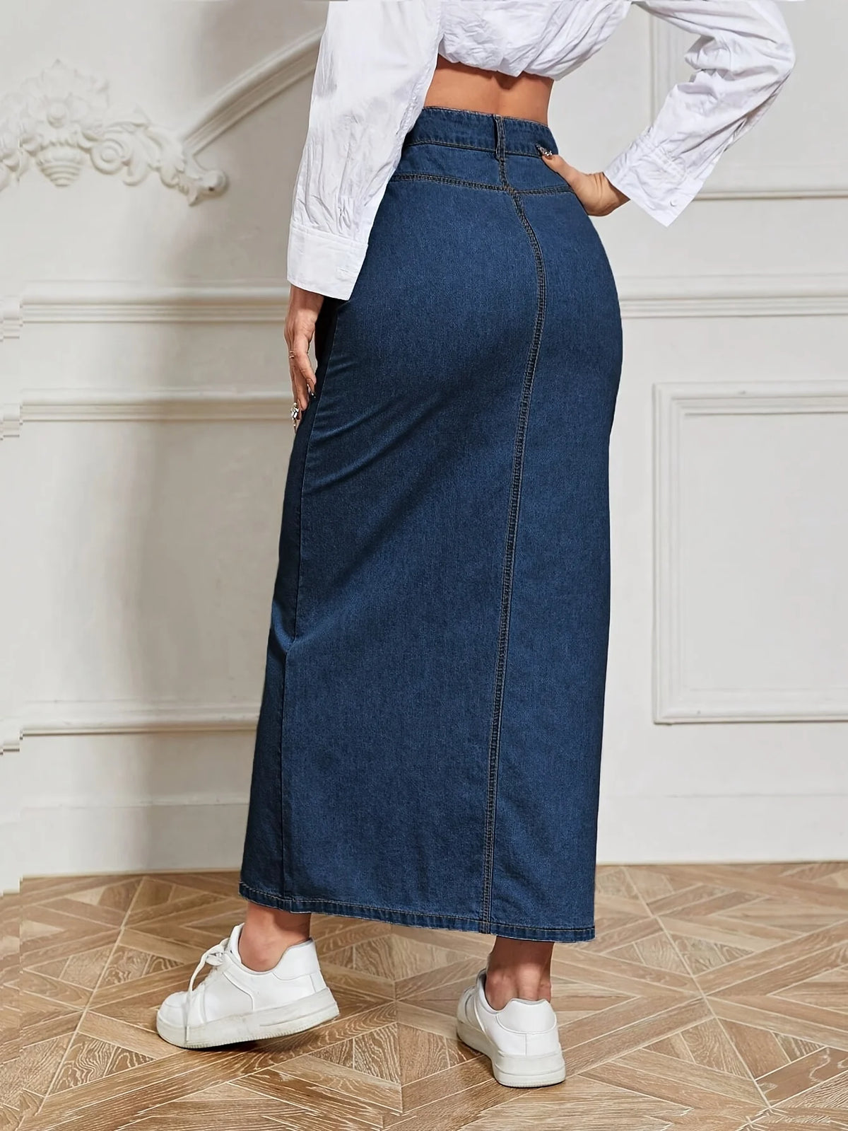 Women's Blue Stretch Denim Long Skirt With Multi-Breasted Details Slim And Sexy Style Casual And Fashionable Long Denim Skirt  F