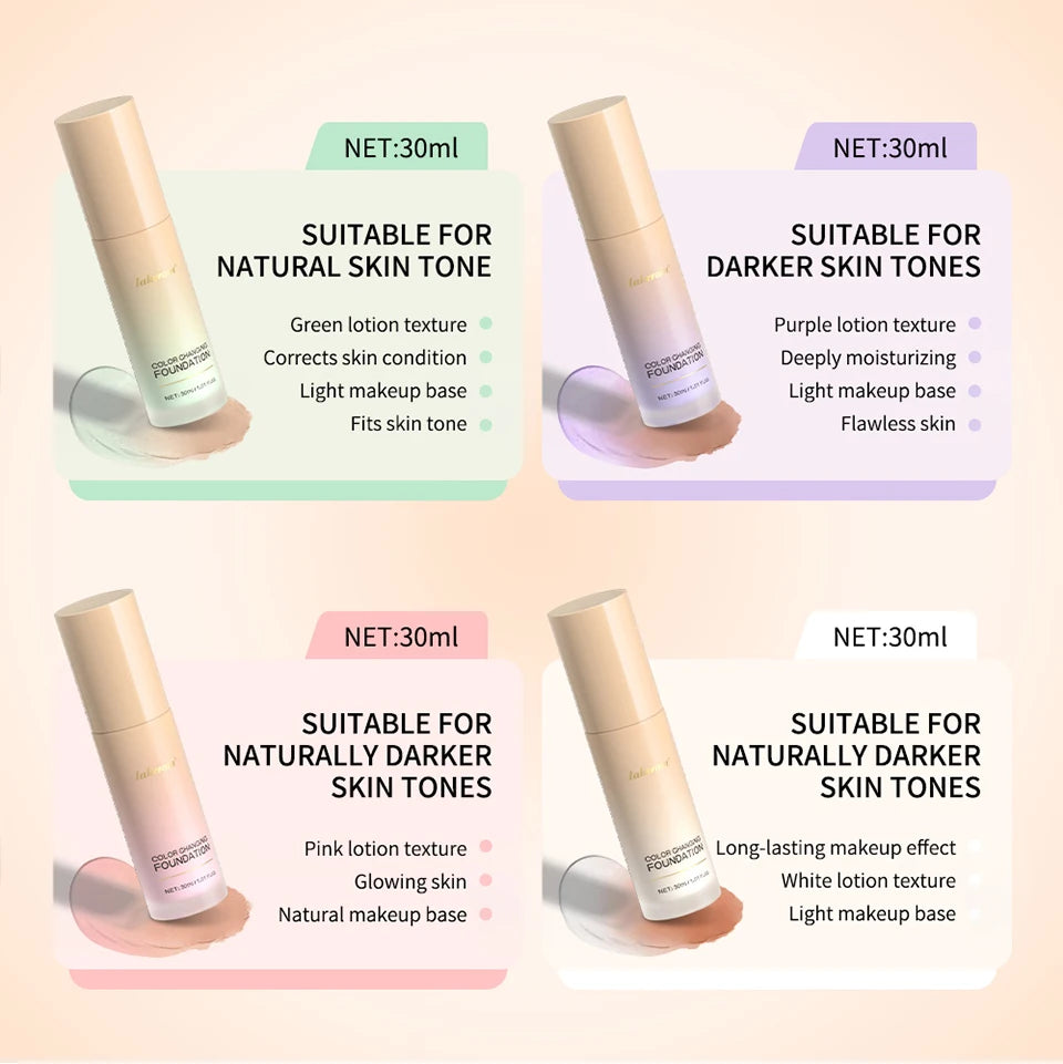 Color Changing Foundation Long-Lasting Makeup Effect Magic Foundation High Coverage Self-Coloring Cc Cream Cosmetics
