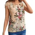 Women Beige Floral Print Blouse Round Neck Keyhole Shoulder Lace Sleeveless Top Spring Summer Sweet Elegant Daily Casual T-Shirt