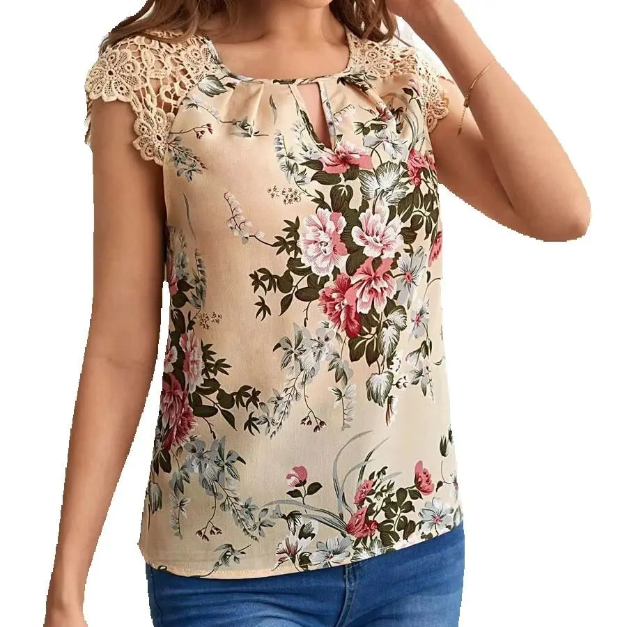 Women Beige Floral Print Blouse Round Neck Keyhole Shoulder Lace Sleeveless Top Spring Summer Sweet Elegant Daily Casual T-Shirt
