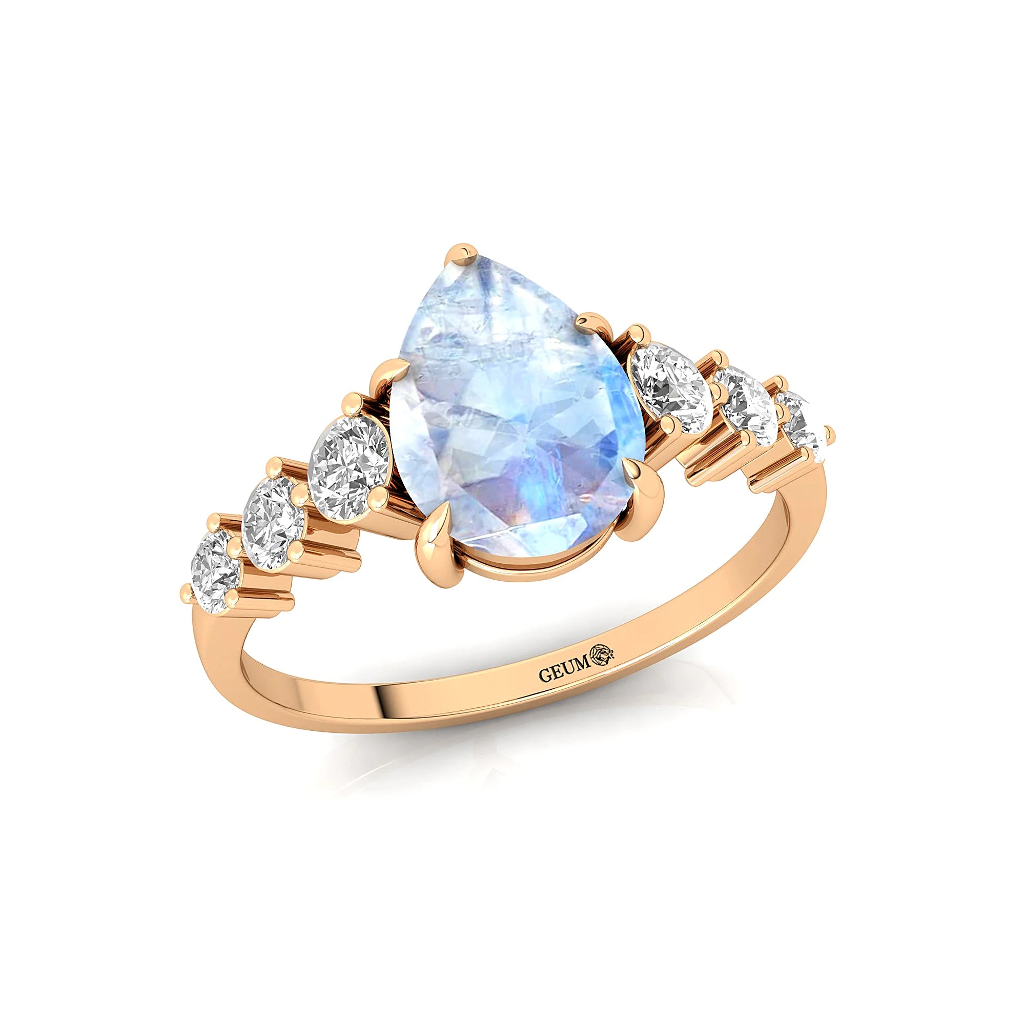 Fabulous Pear Shape Natural Rainbow Moonstone Gemstone Bridal Cluster Rings in 18k Solid Gold with Round Cut Real Diamonds Ring