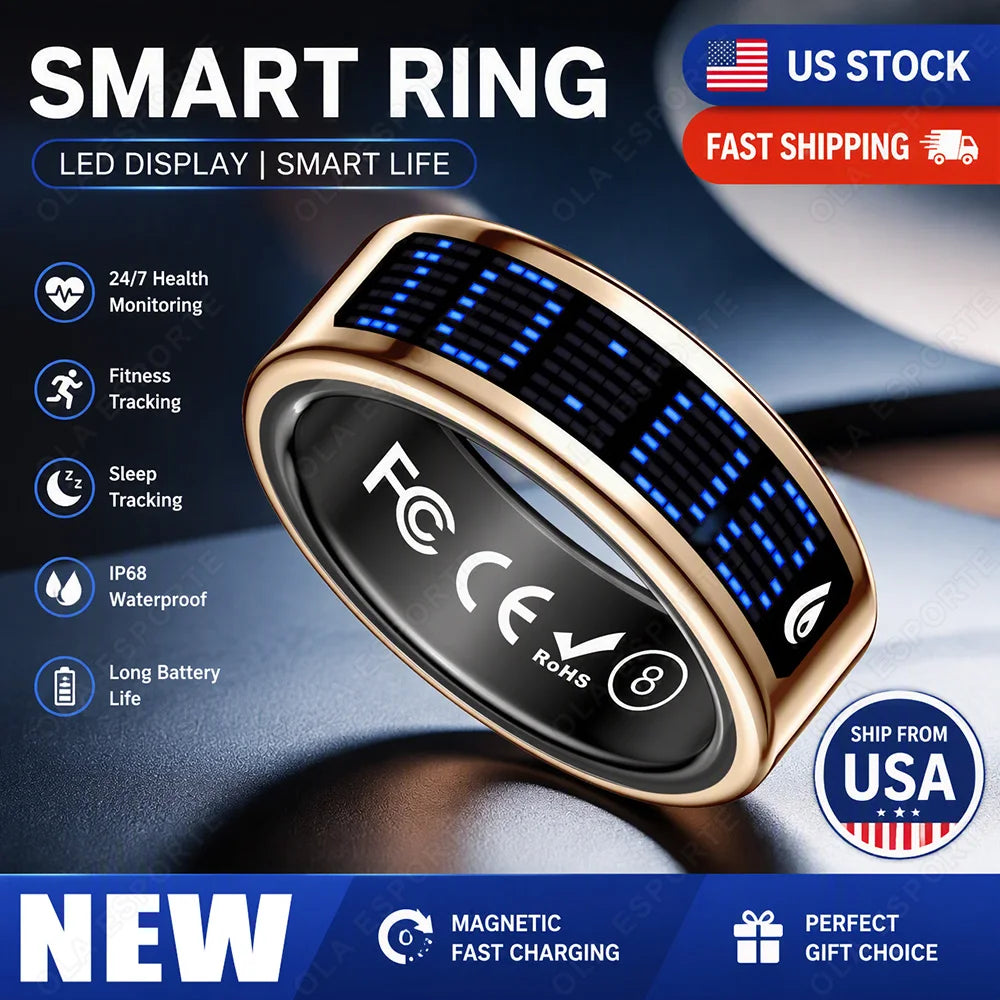 Smart Ring Men Women HD LED Display Screen Heart Rate Blood Oxygen Monitor 5ATM Waterproof Multi Sports Mode Gifts For Men Women 【USA Local Shipping】