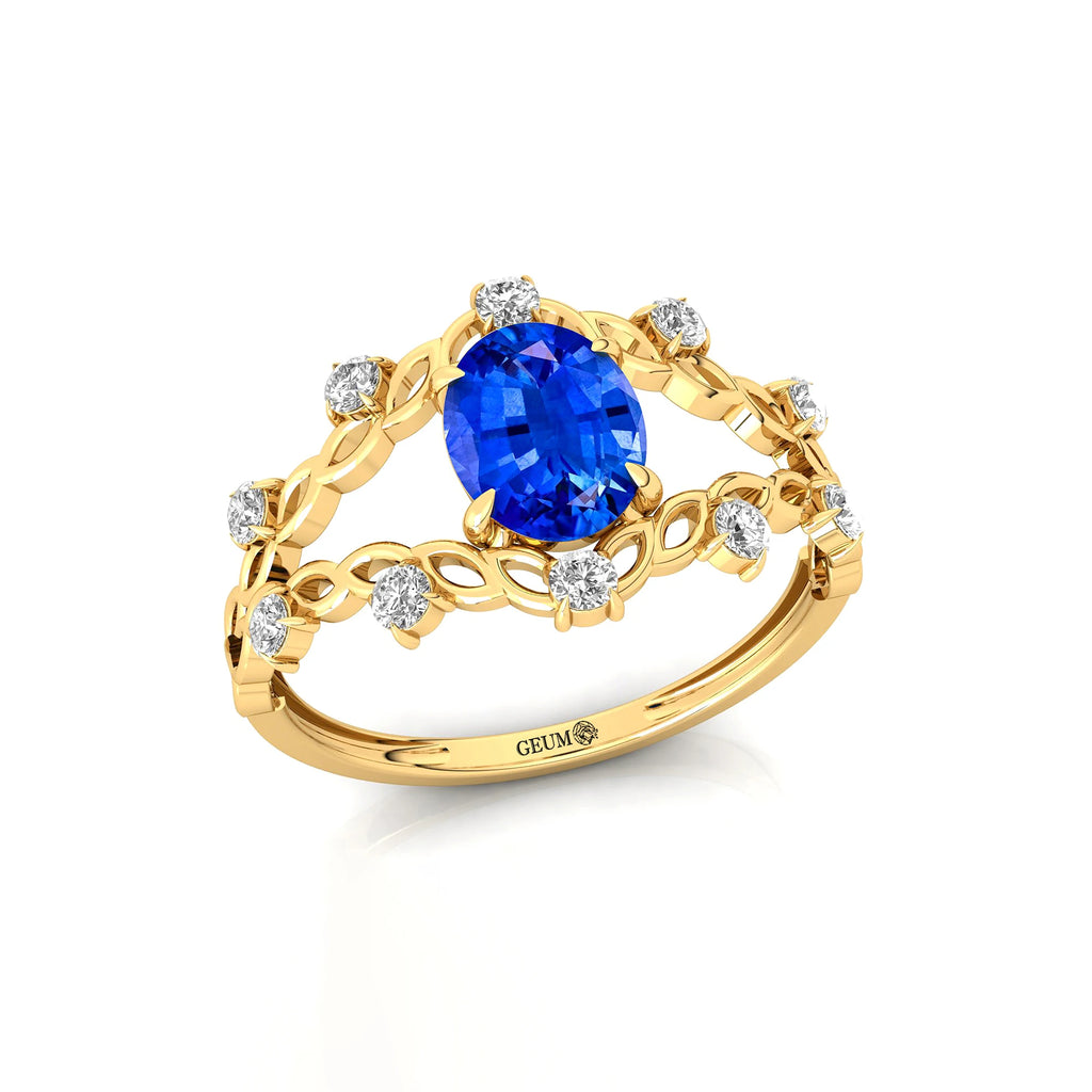 14kt Gold Lab Grown Blue Sapphire Gemstone & Real Diamonds Ring Prong Sett Split Shank Design Classic Wedding Statement Rings