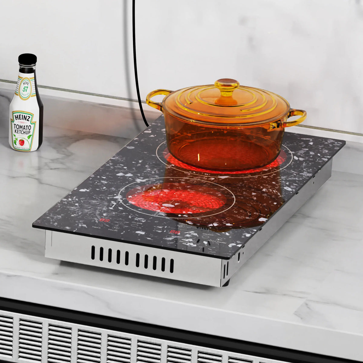 Karinear 2 Burners Electric Cooktop, 120v Plug in Ceramic Cooktop, 12 Inch Countertop & Built-in Electric Stove Top with Child Safety Lock, Timer, Over-Temperature Protection, Sensor Touch Control