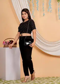 Black Cotton Ikat Printed 2-Piece Formal Blouse Set Short Sleeves Regular Fit Eco-friendly Quick Dry Breathable Pattern