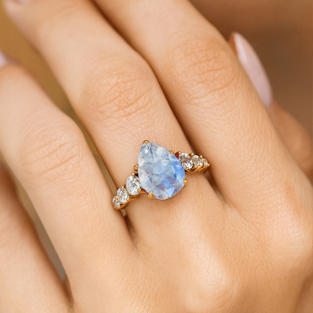Fabulous Pear Shape Natural Rainbow Moonstone Gemstone Bridal Cluster Rings in 18k Solid Gold with Round Cut Real Diamonds Ring